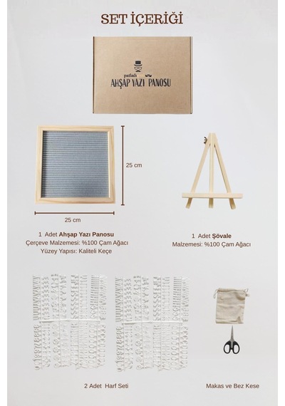 Woodart Premium Letter Board Seti, Füme Antrasit Keçe Yüzeyli Doğal Çam Ahşap Yazı Panosu Şövale Standlı Dekoratif Set Gri