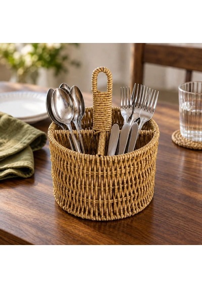 Rattan Yuvarlak Dik Bölmeli Kaşıklık Kahverengi