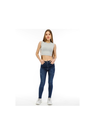 Bella Dossi Rahat Gri Kaşkorse Kolsuz Sıfır Yaka Kadın Crop Top Gri