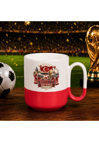 Bk Gift Türkiye Taraftar Temalı Dünya Futbol Kupası Tasarımlı Kırmızı Joyful Kupa Bardak-7 Tek Yürek Milli Takım Ruhu Beyaz