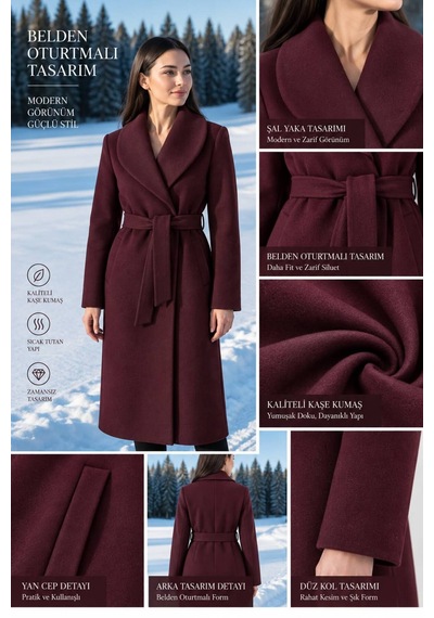 Moda Banuş Kadın Kuşaklı Cepli Yırtmaçlı Astarlı Kaşe Kaban Bordo Bordo