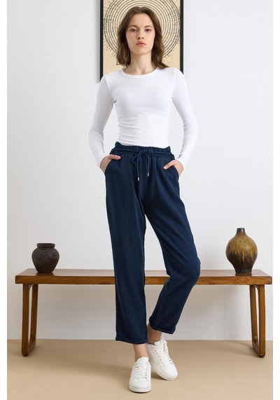 Olcay Bağcık Detaylı Beli Lastikli Soft Denim Pantolon Lacivert 7586