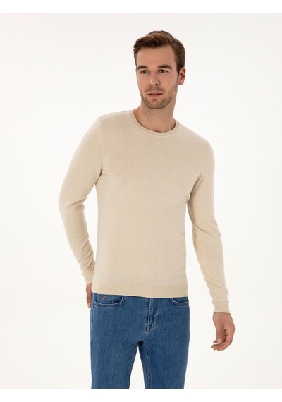 Cacharel Bej Slim Fit Pamuk Karışımlı Bisiklet Yaka Basic Triko Kazak