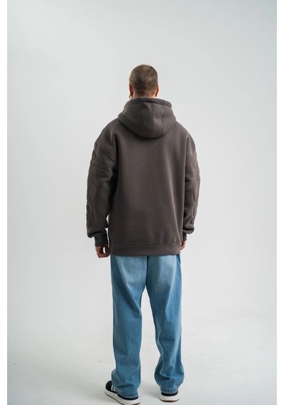 Mbb E-ticaret Erkek Nakışlı Kapüşonlu Oversize 3 İplik Pamuklu Sweatshirt Hoodie - Füme