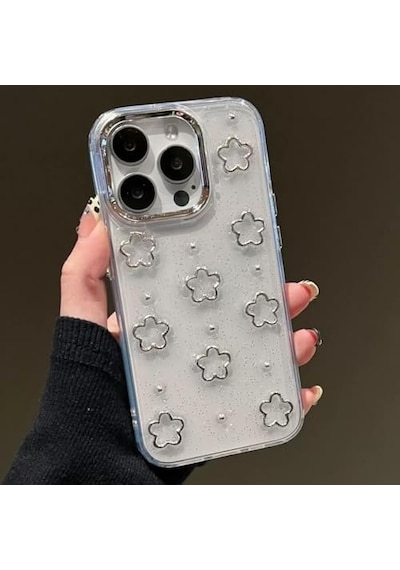 3d Gümüş Çiçekli Şeffaf Simli İphone 13 Pro Uyumlu Kılıf Kamera Korumalı, Darbe Emici Silikon Diğer