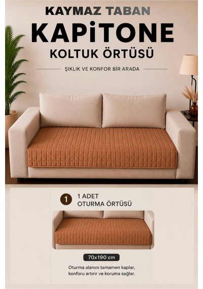 Kare Desenli Tek Parça Kaymaz Taban Kapitone Koltuk Örtüsü Çekyat Kanepe Örtüsü 70x190 Kahverengi Kahverengi