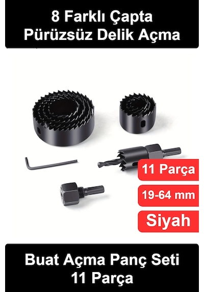 Pançseti Buat Açma Panç Seti 11 Parça Delik Açıcı Testere Takımı 19-22-29-32-38-44-51-64 Mm Ahşap A