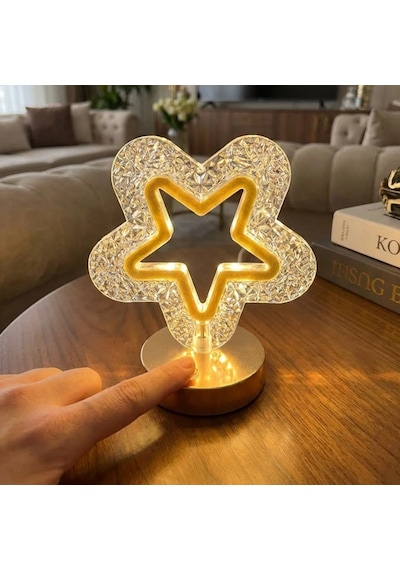 İçi Boş Yıldız Şeklinde Kristal Led Masa Lambası Dokunmatik, 3 Renk Işık Modlu, Şarjlı Mini Dekoratif Gece Lambası 5570 Beyaz