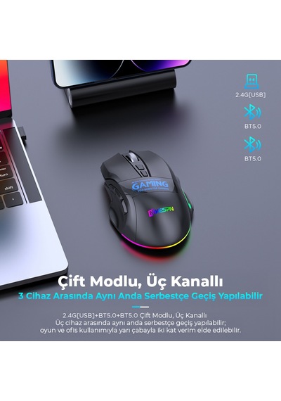 Mkespn W10 Dual Mode Rgb Gaming Mouse 2.4 Ghz Bluetooth 2400 Dpı 9 Tuş Makro 500hz Siyah Diğer