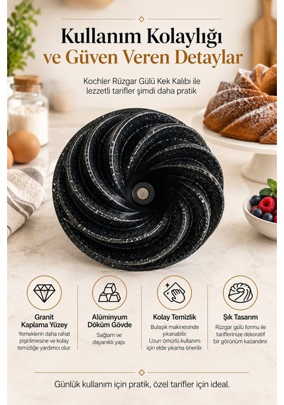 Kochler Rüzgar Gülü 26 Cm Granit Kaplamalı Alüminyum Döküm Kek Kalıbı Siyah