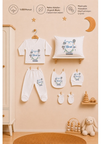 Pia Baby Erkek Bebek 7 Parça Hastane Çıkışı Seti %100 Pamuk Kişiye Özel İsimli Zıbın Set 1029zyb3x Ekru