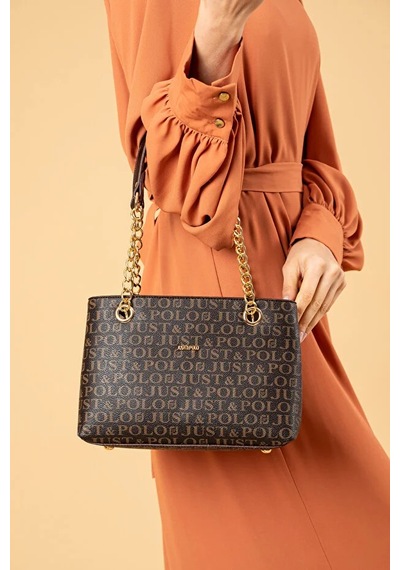 Just Polo Kadın Baskılı Uzun Ayarlanabilir Askılı Şık El Ve Omuz Çantası Shoulder Bag Kahverengi