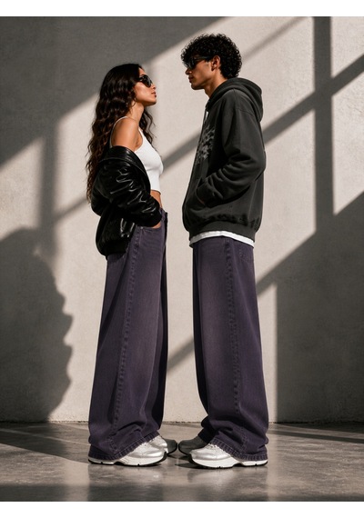 St.poll Mor Eskitme Yıkama Unisex Baggy Jean Pantolon Eskitme Mor