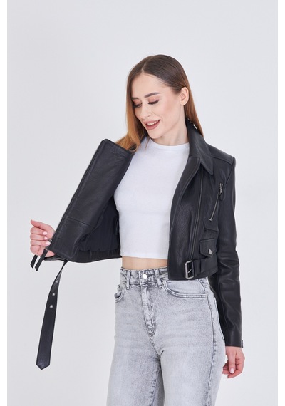 M M Marki Marki Kadın Siyah Hakiki Deri Crop Ceket Biker Stil, Kruvaze Yaka, Kemerli, 52 Cm - 117622
