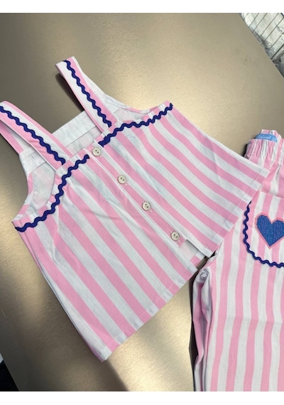 Magu Kız Çocuk Keten Pembe Çizgili Askılı Bluz Pantolon Takım