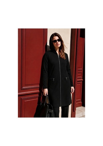 Onno Style Women Kapüşonlu Çelik Örgü Uzun Triko Kadın Ceket Siyah