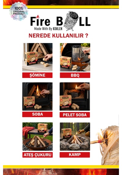 Kohlen Fireball Kibritli Doğal Ateş Başlatma Seti Mangal, Şömine Ve Soba Tutuşturucu