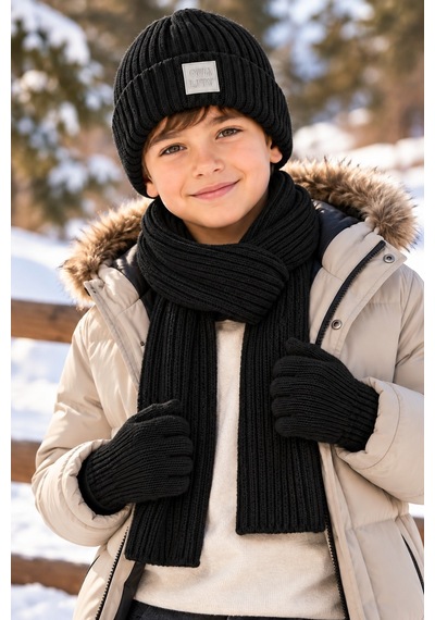 Miniko Kids Kitti 26180-07 Erkek 9-15 Yaş Atkı Bere Eldiven Set Siyah