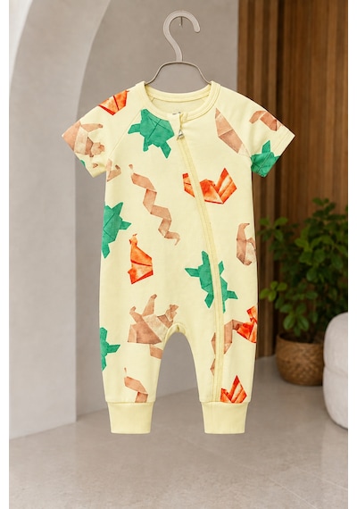 Babyhola Bebek Kısa Kollu Yandan Fermuarlı Tulum Origami Hayvan Desenli 10551 Sarı