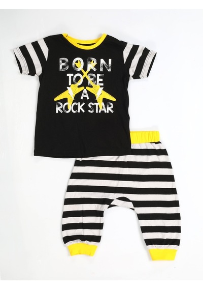 Casabony Rocker Çizgili Kapri - T-shirt Takım - Siyah - Beyaz Beyaz - Siyah