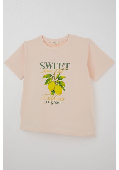 Breeze Kız Çocuk Kısa Kollu Tişört Limon Baskılı 9-14 Yaş , Pudra