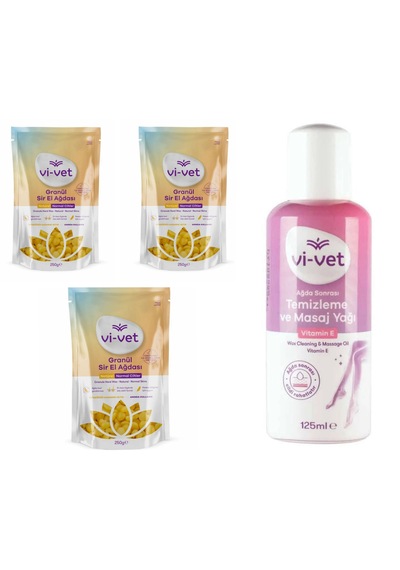 Vivet Granül Sir Ağda Naturel 250 Gr 3 Adet + Vivet Ağda Temizleme Ve Masaj Yağı Vitamine 125 Ml