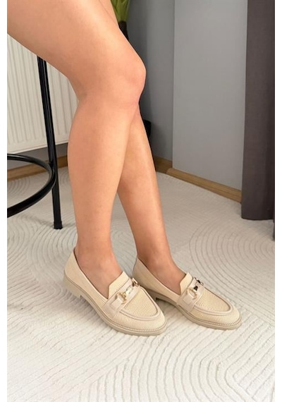 Kadın Marie Bej Triko Metal Tokalı Kadın Loafer Günlük Makosen Ayakkabı