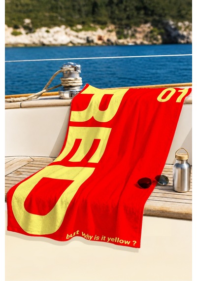 Kırmızı Sarı Yazı Temalı Plaj Havlusu - Tipografik Grafik Resort Stil Hızlı Kuruyan Mikrofiber Havlu Çok Renkli