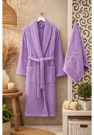 Umay 2'li Baş Havlulu Bornoz Seti Lavanta