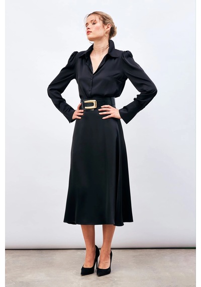 Sateen Midi Boy Saten Kumaş Etek Siyah
