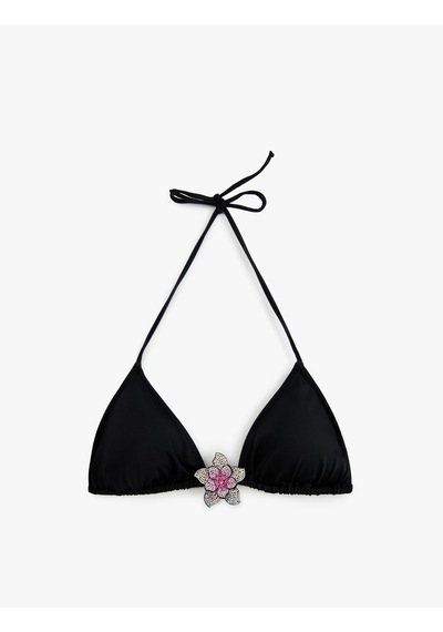 Koton Taşlı Çiçek Aksesuar Detaylı Üçgen Bikini Üstü Siyah 5sak10227mm Siyah