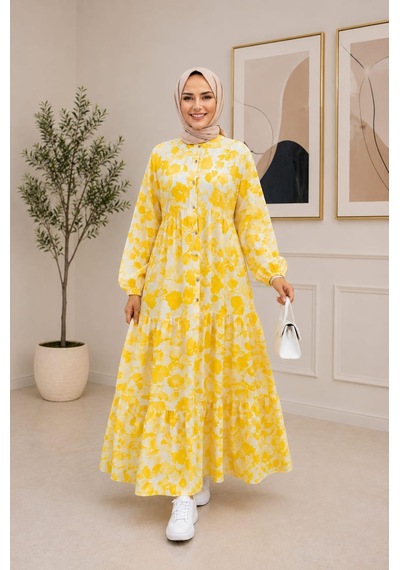 Hb Harma Time Butik Kadın Düğmeli Desenli Modal Kumaş Sarı Elbise Hardal