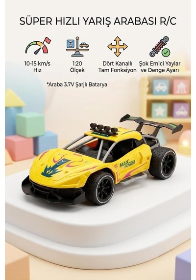 Super Speed Racing 1:20 Ölçekli Şarjlı Uzaktan Kumandalı Araba - 4 Kanallı Yarış Arabası Sarı