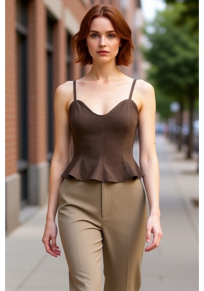 Ersefa Kadın Dokuma Bluz Peplum Detaylı Kalp Yaka Kolsuz Gabardin Kumaş Açık Kahverengi