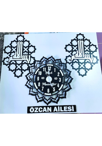 Duvar Saati 3 Lü Set Besmeleli Ve Kişiye Özel Gümüş - Siyah