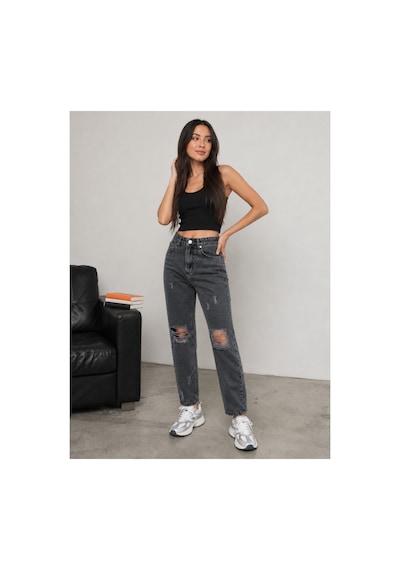 Bluemarlin Yüksek Bel Tam Kalıp Diz Lazer Yırtık Kar Siyah Mom Kot Pantolon Jeans Kar Siyah