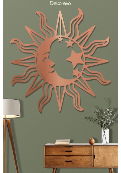 Mistik Kozmos Güneş Ve Ay Metal Duvar Dekoru - Metal Duvar Sanatı - Bronz - 48 X 50 Cm