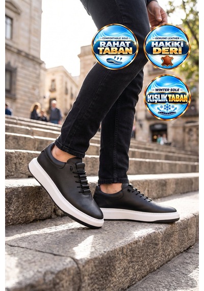 Ayakmod Lastik Bağcıklı Şık Rahat Siyah-beyaz Hakiki Deri Erkek Casual Sneaker Ayakkabı 272304 SİYAH-BEYAZ
