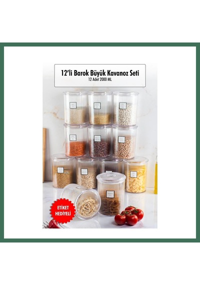 En-cag 12'li Barok Yuvarlak Büyük Kavanoz Seti & Saklama Kabı & Erzak Kabı 12 2000 Ml Bss