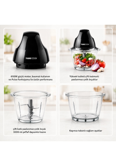 Tigrecook TG-8005G Instantchopper Fit 1 L Cam Hazneli Et Kıyma & Sebze Rondo Doğrayıcı Çift Çelik Bıçak