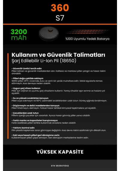 360 S7 3200mah Robot Süpürge Bataryası