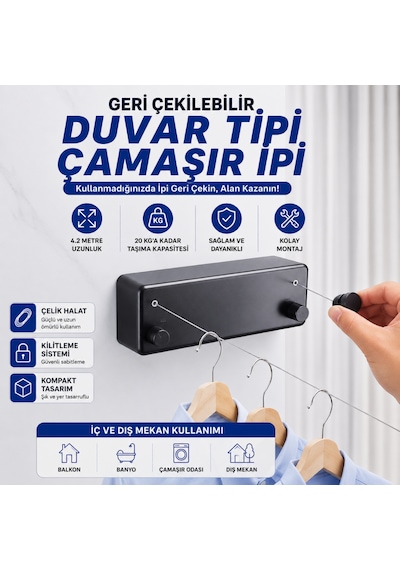 Geri Çekilebilir Çelik Çamaşır Asma İpi 4,2 Metre 20 Kg Çamaşır Kurutma İpi Çamaşır Askılığı siyah