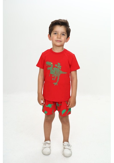 Toontoy Erkek Çocuk Kabaran Dinazor Baskılı Şortlu Takım Kırmızı