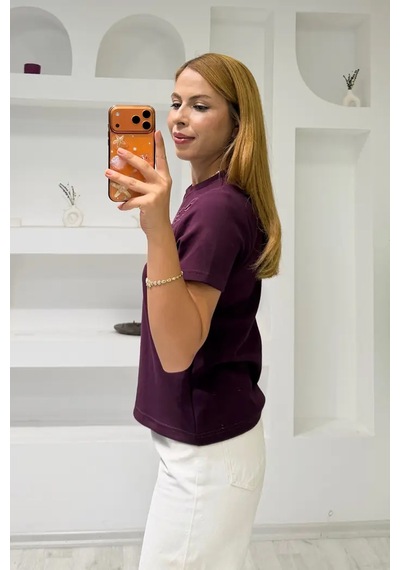 Fiolin Soft Touch Modal Kumaş Nakışlı Lazer Kesim T-shirt Mürdüm