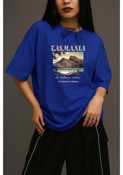 Tasmania Baskılı Unisex Oversize Tişört Saks Mavisi