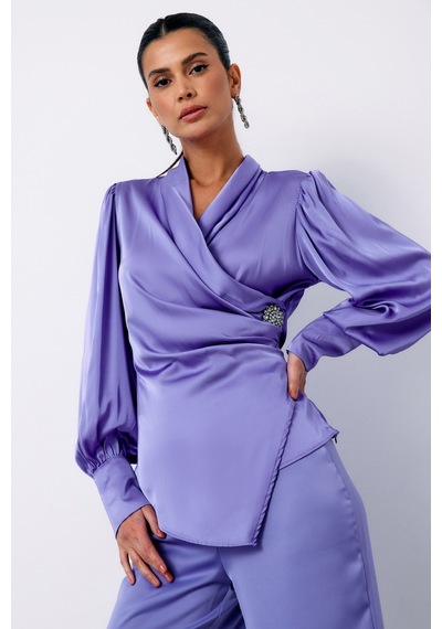 Sateen Broşlu Kruvaze Bluz - Lila-135118 Lila