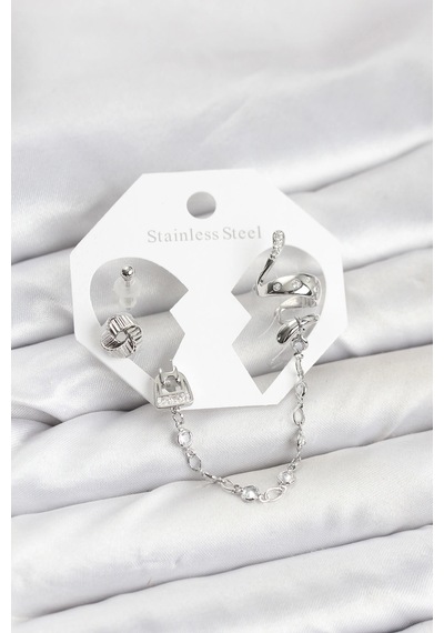 Mey İthalat Pirinç Gümüş Renk Yılan Model Zincir Bağlantılı Ear Cuff Küpe Seti çok renkli
