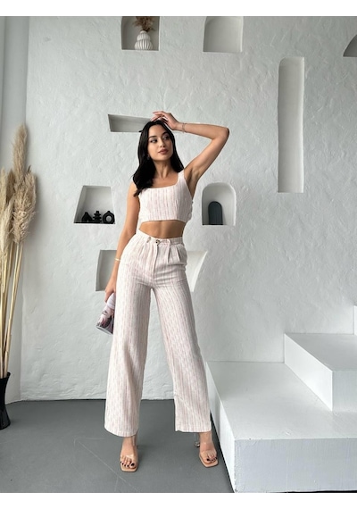 Eke Tekstil Turuncu Çizgili Crop Pantolon Keten Takım-turuncu Turuncu
