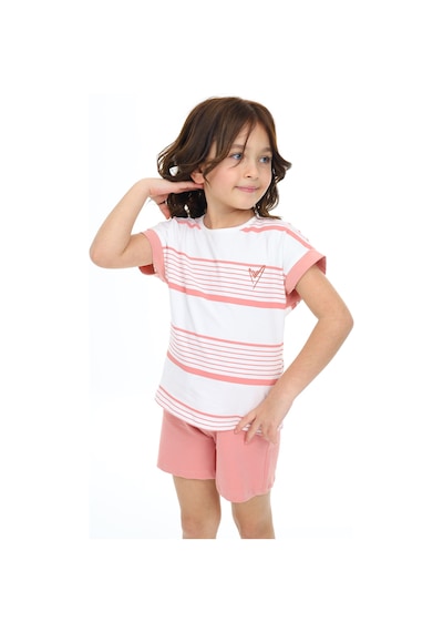 Toontoy Kids Toontoy Kız Çocuk 2'li Takım Baskılı Bisiklet Yaka T-shirt & Beli Lastikli Cepli Şort Mercan