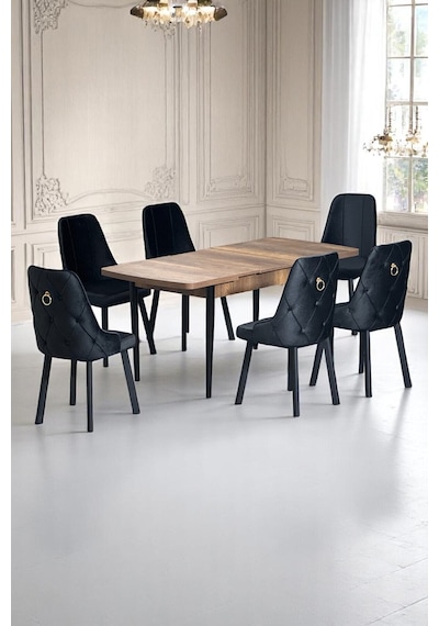 Sonata Ceviz 80 x 132 Açılabilen MDF Masa Siyah Metal Ayaklı Mutfak Masası 6 Siyah Sandalye Sonata Ceviz 80 x 132 Açılabilen MDF Masa Siyah Metal Ayaklı Mutfak Masası 6 Siyah Sandalye